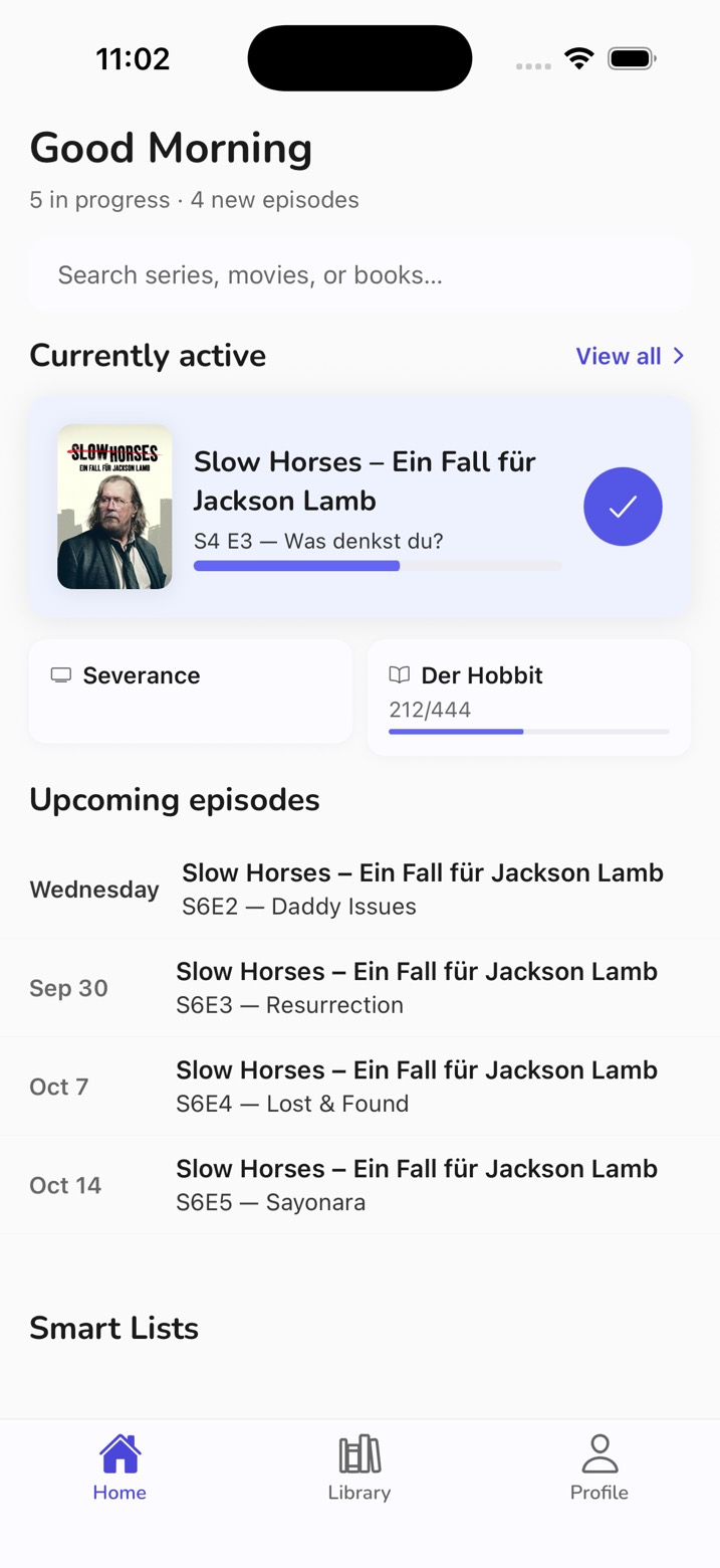 The Stacks home screen: the active series with a progress bar and a button for the next episode, below it a book with its page count and the upcoming episodes.