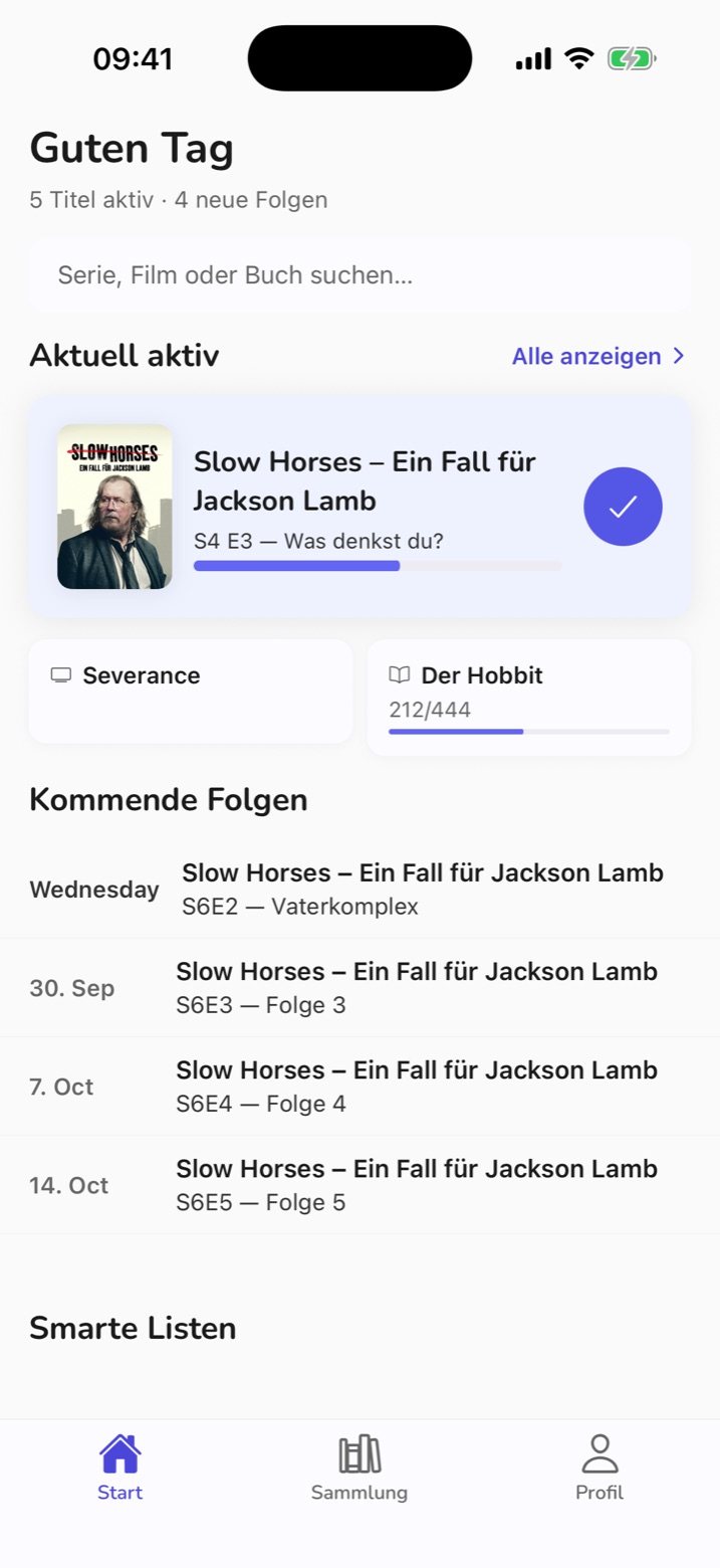 Startbildschirm von Stacks: die aktive Serie mit Fortschrittsbalken und Button für die nächste Folge, darunter ein Buch mit Seitenstand und die kommenden Folgen.