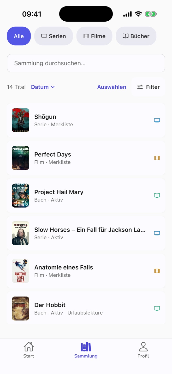 Die Sammlung mit 14 Titeln, filterbar nach Serien, Filmen und Büchern, jeder Eintrag mit Cover, Typ und Status.