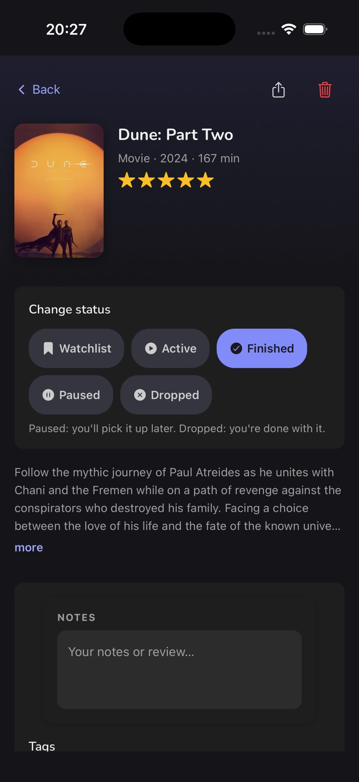 Detail view of the film Dune: Part Two in dark mode, rated five stars and marked as finished.