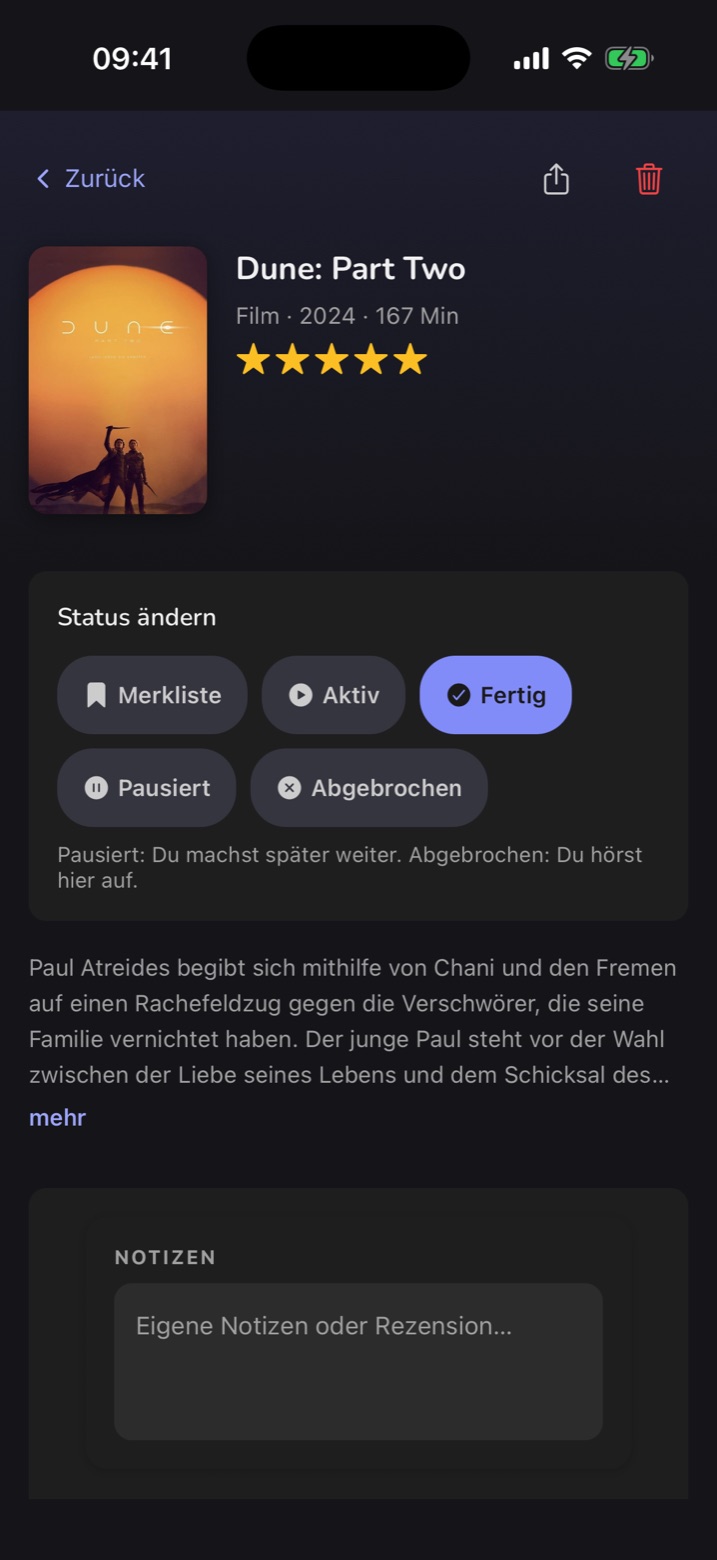 Detailansicht des Films Dune: Part Two im Dark Mode, mit fünf Sternen bewertet und als Fertig markiert.