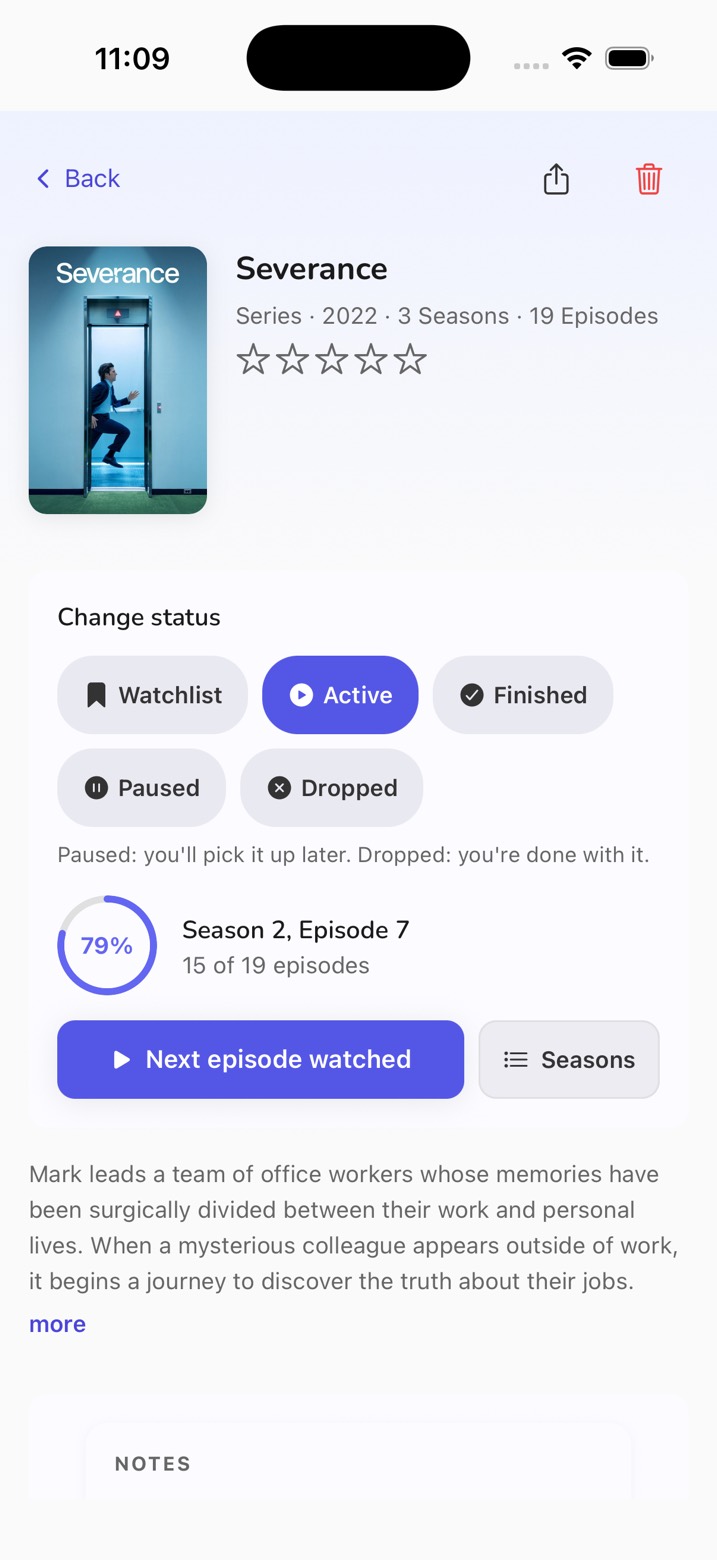 Detail view of the series Severance: status Active, 79 percent watched, season 2 episode 7 up next.