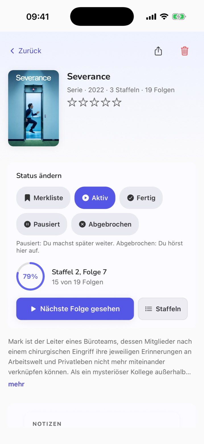 Detailansicht der Serie Severance: Status Aktiv, 79 Prozent gesehen, Staffel 2 Folge 7 als Nächstes.